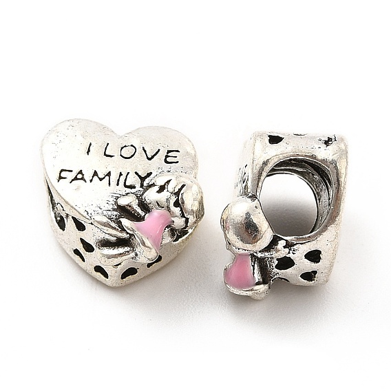 Rack Plating Alloy Enamel European Beads, Large Hole Beads, Heart with Girl & Word I Love Family