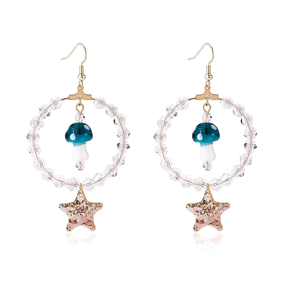 Большие круглые серьги с подвесками из стеклянных бусин, женские серьги-подвески в виде грибов и латунных звезд лэмпворк