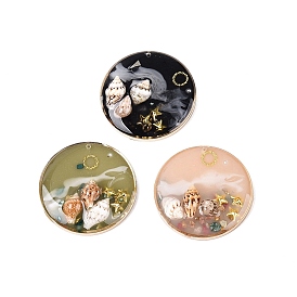 Подвески из латуни и эпоксидной смолы, плоская круглая форма с подвесками в виде раковины и звезды., с ракушками, пластиком и блестящей пудрой, золотой свет