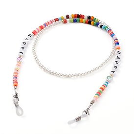 Rainbow Eyeglasses Chains, Neck Strap for Eyeglasses, with Polymer Clay Heishi Beads, Glass Seed Beads, Acrylic Beads and Rubber Loop Ends, Word Happy