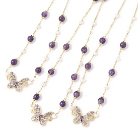 Natural Amethyst Beaded Necklaces, with Brass Butterfly Pendants and Pearl