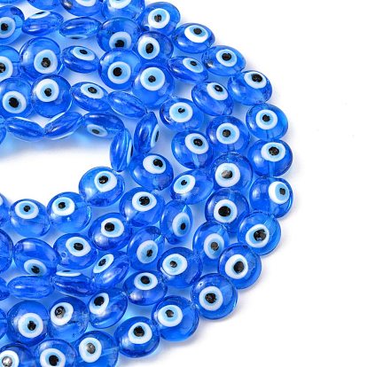 Flat Round Evil Eye Lampwork Bead Strands, 15~16x8~9mm, Hole: 2mm, about 24pcs/strand, 13.7 inch