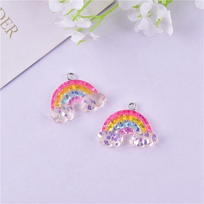Transparent Resin Pendants, Rainbow Charms with Sequins