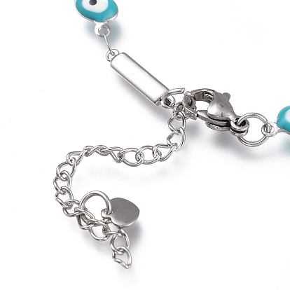 304 Stainless Steel Link Bracelets, with Enamel and Lobster Claw Clasps, Evil Eye & Rectangle, Light Sky Blue