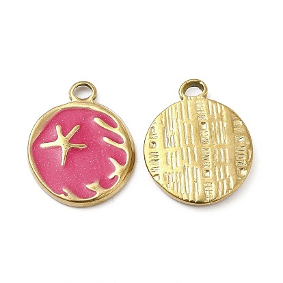 Vacuum Plating 201 Stainless Steel Enamel Pendants, Real 18K Gold Plated, Flat Round with Starfish Charm