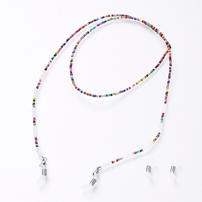 Perles de rocaille de verre lunettes cordon de cou, sangle porte-lunettes, avec des perles de verre et des extrémités de boucle en caoutchouc