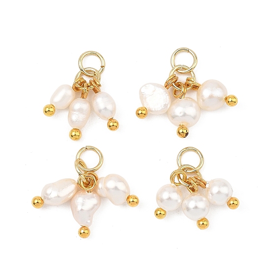 4шт. 4 стили подвесок из ракушечного и натурального жемчуга, Двусторонние полированные круглые бусины в форме риса, подвески-кисточки с фурнитурой из нержавеющей стали., цветочный белый