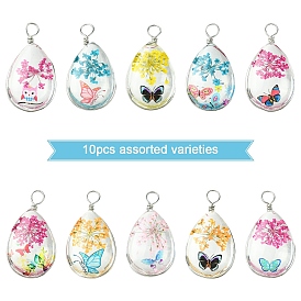 10 шт. Прозрачные стеклянные подвески, слеза, сушеный цветок внутри и находка из нержавеющей стали