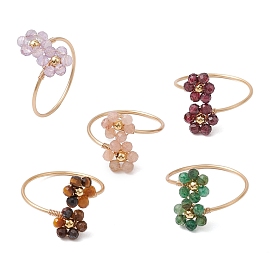 Flower Natural Garnet & Fuchsite & Tiger Eye & Amethyst & Sunstone Finger Rings, Copper Wire Wrapped Cuff Rings for Women