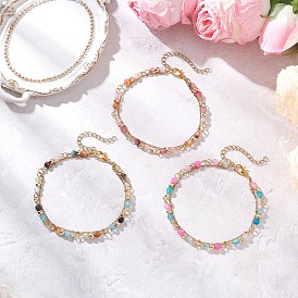3Pcs Natural Agate Round Beads Multi-strand Bracelets, 304 Stainless Steel Satellite Chains for Women