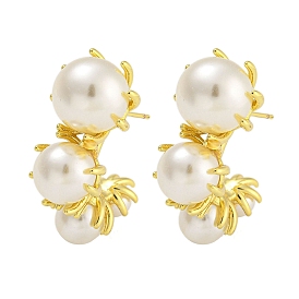 Rack Plating C-Shaped Brass Stud Earrings, with ABS Imitation Pearl, Long-Lasting Plated, Cadmium Free & Lead Free