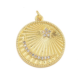 Rack Plating Brass Micro Pave Cubic Zirconia Pendants, with Jump Ring, Long-Lasting Plated, Cadmium Free & Lead Free, Flat Round with Moon & Star