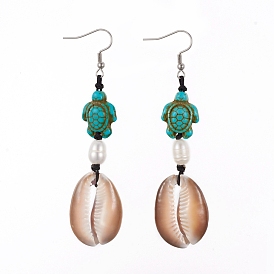 Dangle Earrings, with Natural Cowrie Shell, Cultured Freshwater Pearl, Turtle Synthetic Turquoise and 316 Surgical Stainless Steel Earring Hooks