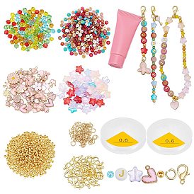 Kits de joyas de bricolaje, incluidos cierres de pinza de langosta de aleación de zinc, Perlas de vidrio, dijes de cuentas acrílicas y aleación esmaltada, formas mixtas