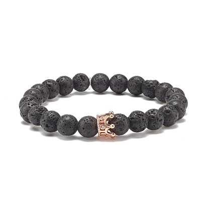 Natural Lava Rock Round Beaded Stretch Bracelet with Clear Cubic Zirconia Crown, Essential Oil Gemstone Jewelry for Women