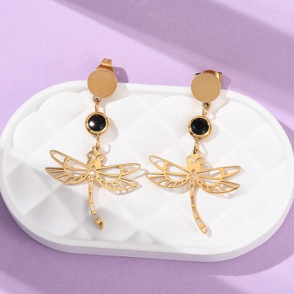 304 серьги-гвоздики в виде стрекоз из нержавеющей стали, со стеклом, ионное покрытие (ip)