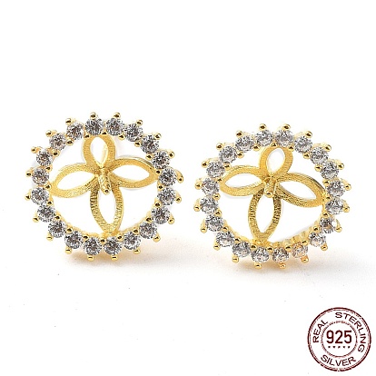 925 Sterling Silver with Cubic Zirconia Stud Earring Findings, with S925 Stamp, for Half Drilled Pearl Beads, Flower