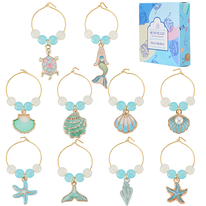 20 шт. 10 стили океанская тема сплав эмаль бокалы для вина подвески, со стеклянными бусинами и латунным кольцом-подвеской для бокала для вина