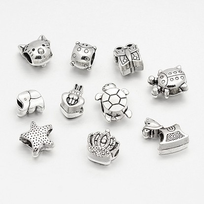 Tibetan Style Alloy Large Hole European Beads, Mixed Shape, 8~16x8~14x7~10mm, Hole: 3~5mm, about 38pcs/100g