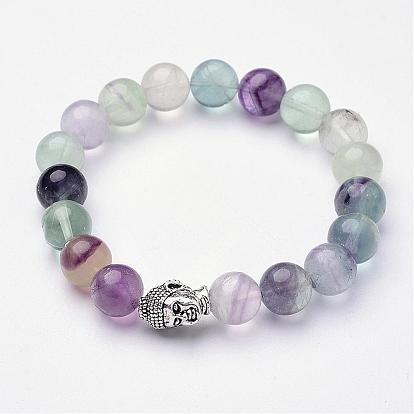 Natural Fluorite Stretch Bracelets, with Alloy Beads, Buddha