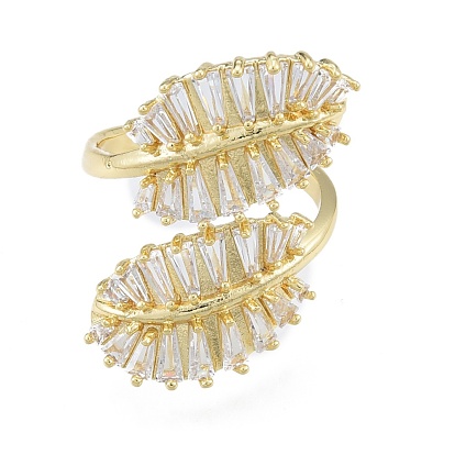 Clear Cubic Zirconia Leaf Open Cuff Ring, Brass Chunky Thick Ring for Women