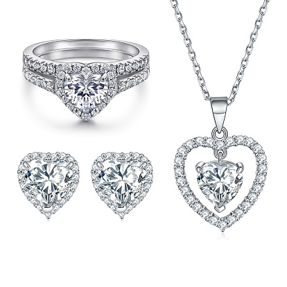 925 Silver Heart Jewelry Set with Zirconia Ring, Earrings and Necklace