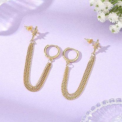 Chain Shape Brass Hoop Dangle Earrings, Star, Brass Micro Pave Cubic Zirconia Stud Earrings for Women