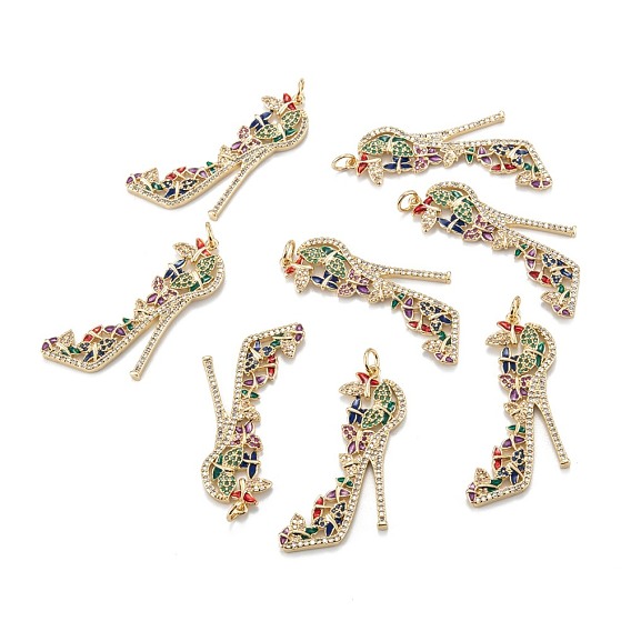 Латунные микро-паве красочные кубические циркониевые подвески, с прыжковых колец, туфли на высоких каблуках