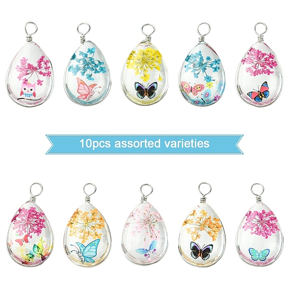 10 шт. Прозрачные стеклянные подвески, слеза, сушеный цветок внутри и находка из нержавеющей стали