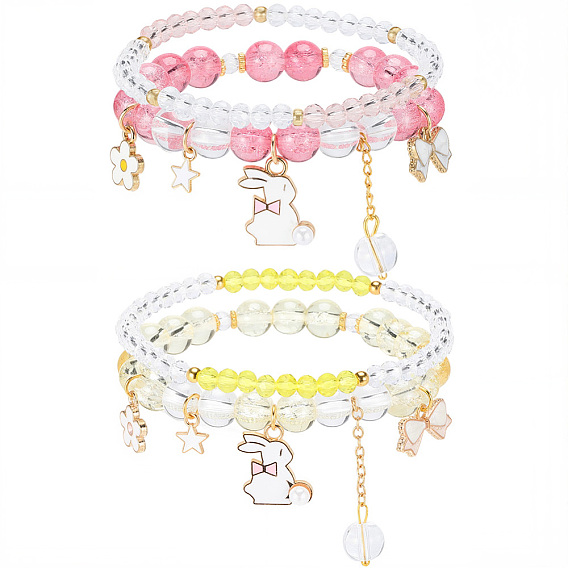 2bolsos 2 pulseras elásticas de plástico y cuentas de vidrio de colores, Pulseras con dijes de esmalte de aleación para mujer., conejo, dorado, coral luz, con 1pc bolsas con cordón