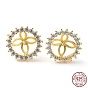 925 Sterling Silver with Cubic Zirconia Stud Earring Findings, with S925 Stamp, for Half Drilled Pearl Beads, Flower