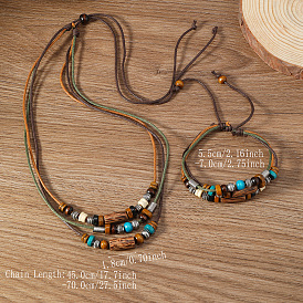Ensembles de colliers de perles en bois, alliage et cordon ciré et de bracelets de style perles tressées