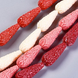 Synthetic Coral Beads Strands, Dyed, Teardrop with Flower