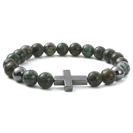 Natural Mixed Gemstone & Synthetic Hematite Corss Beaded Stretch Bracelets
