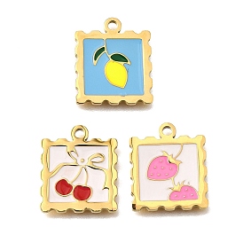 304 подвески из нержавеющей стали, с эмалью, квадрат с фруктами, золотые