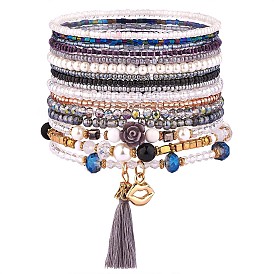 11шт набор эластичных браслетов из бисера в стиле бохо, многослойные составные браслеты, красочные браслеты с кисточками для женщин