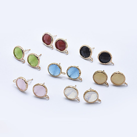 Brass Stud Earring Findings, with Loop, Long-Lasting Plated, with Glass, Faceted, Flat Round