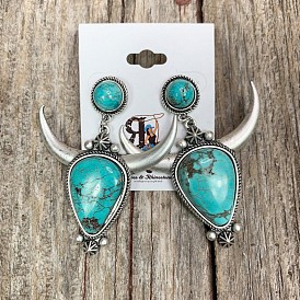 Vintage Boho Western Bull Head Stud Earrings Water Drop Turquoise Earrings
