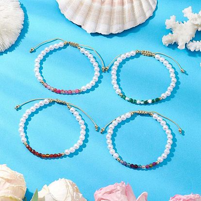 4Pcs Natural Agate Adjustable Braided Beaded Bracelets, with Nylon Thread & ABS Plastic Imitation Pearl