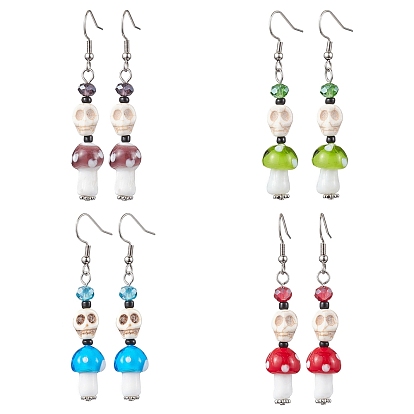 4 Pairs Dyed Synthetic Turquoise and Handmade Lampwork Beads Earrings, with 304 Stainless Steel Finding, Skull & Mushroom