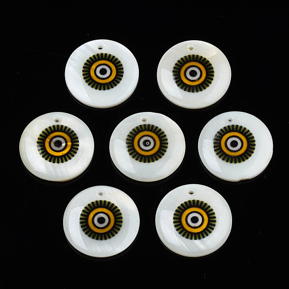 Printed Freshwater Shell Charms, with Enamel, Flat Round