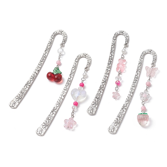 Tibetan Style Alloy Hook Bookmarks, Acrylic Pendant Bookmark, Cherry/Flower/Strawberry
