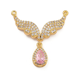 Rack Plating Brass Micro Pave Cubic Zirconia Pendants, Long-Lasting Plated, Teardrop with Wing