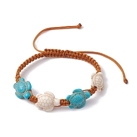 Bracelet en perles tressées tortue de mer turquoise synthétique, bracelet réglable en nylon
