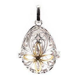 Rack Plating Brass Cage Pendants, For Chime Ball Pendant Necklaces Making, Hollow Teardrop with Flower