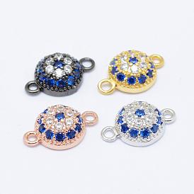 Brass Micro Pave Grade AAA Cubic Zirconia Links, Flat Round, Cadmium Free & Nickel Free & Lead Free
