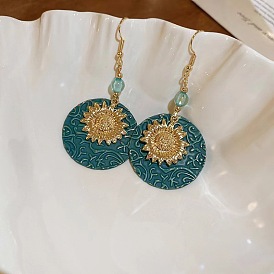 Плоские круглые серьги-подвески из сплава подсолнечника, античная бронза и зеленая патина