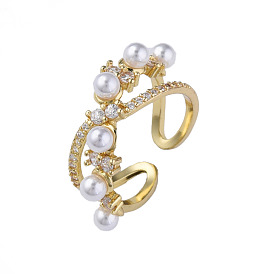Cubic Zirconia Infinity Open Cuff Ring with Imitation Pearl, Real 18K Gold Plated Brass Jewelry for Women, Nickel Free