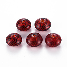 Transparent Handmade Blown Glass Globe Beads, Stripe Pattern, Flat Round