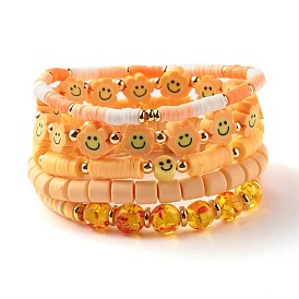Round Imitation Amber & Polymer Clay Beads Stretch Bracelets Sets, Smiling Face Stackable Bracelets for Women